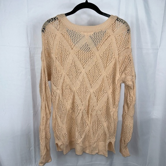 Blu Pepper Sweater Open Crochet Knit U-Scoop Neck Long Sleeve Top Pullover Shirt - Picture 9 of 12